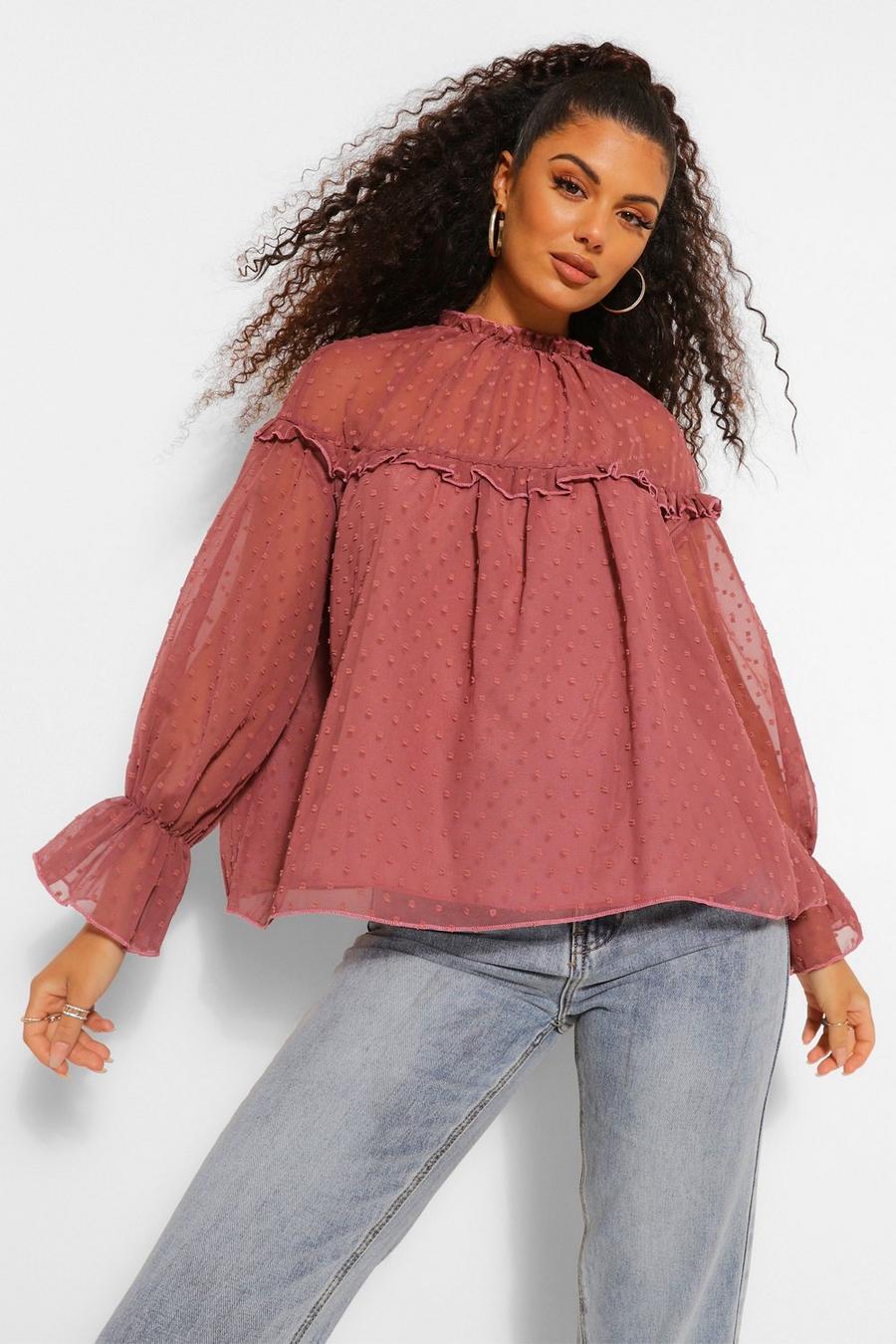 Langärmlige Bluse aus Dobby-Webstoff, Rosé image number 1