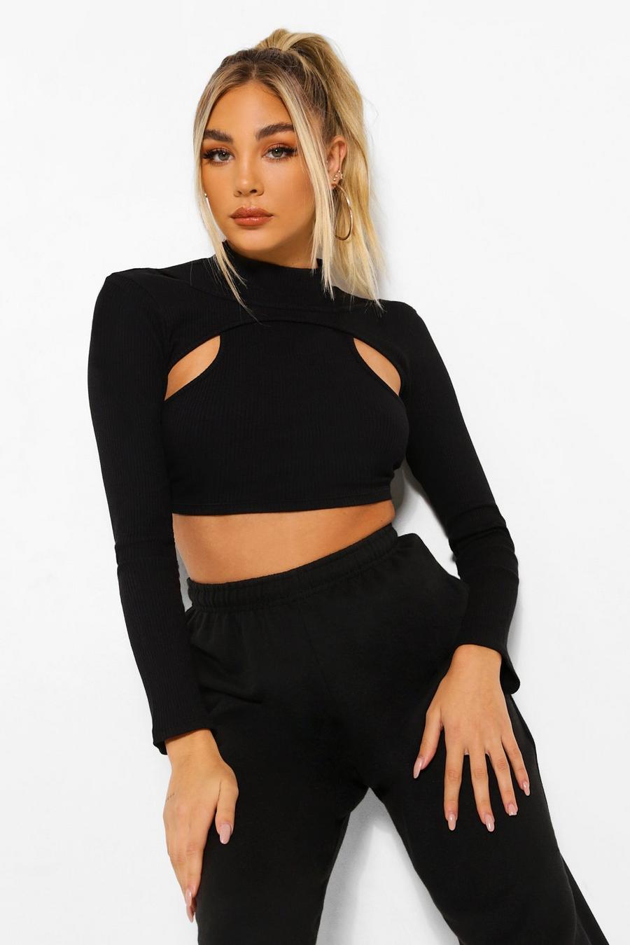 Ribbed Cut Out High Neck Crop Top | boohoo
