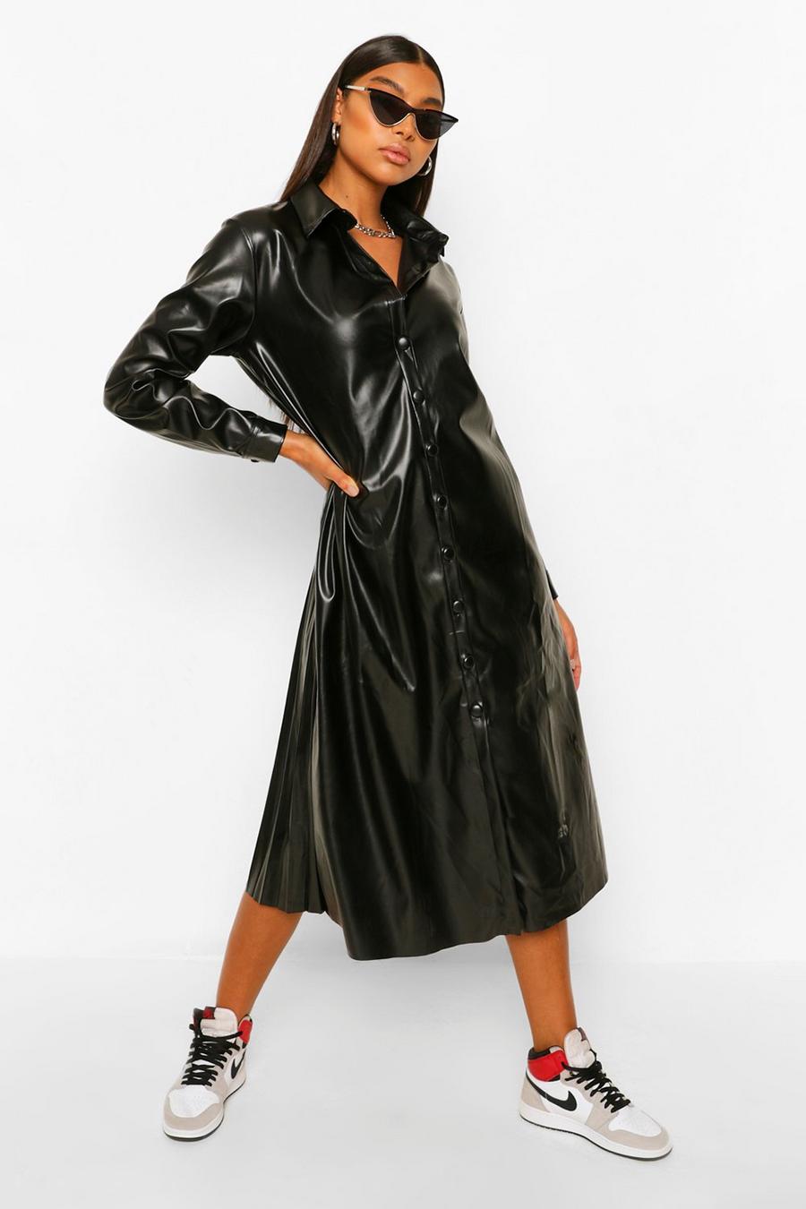 Black Tall Pu Pleated Back Shirt Dress image number 1