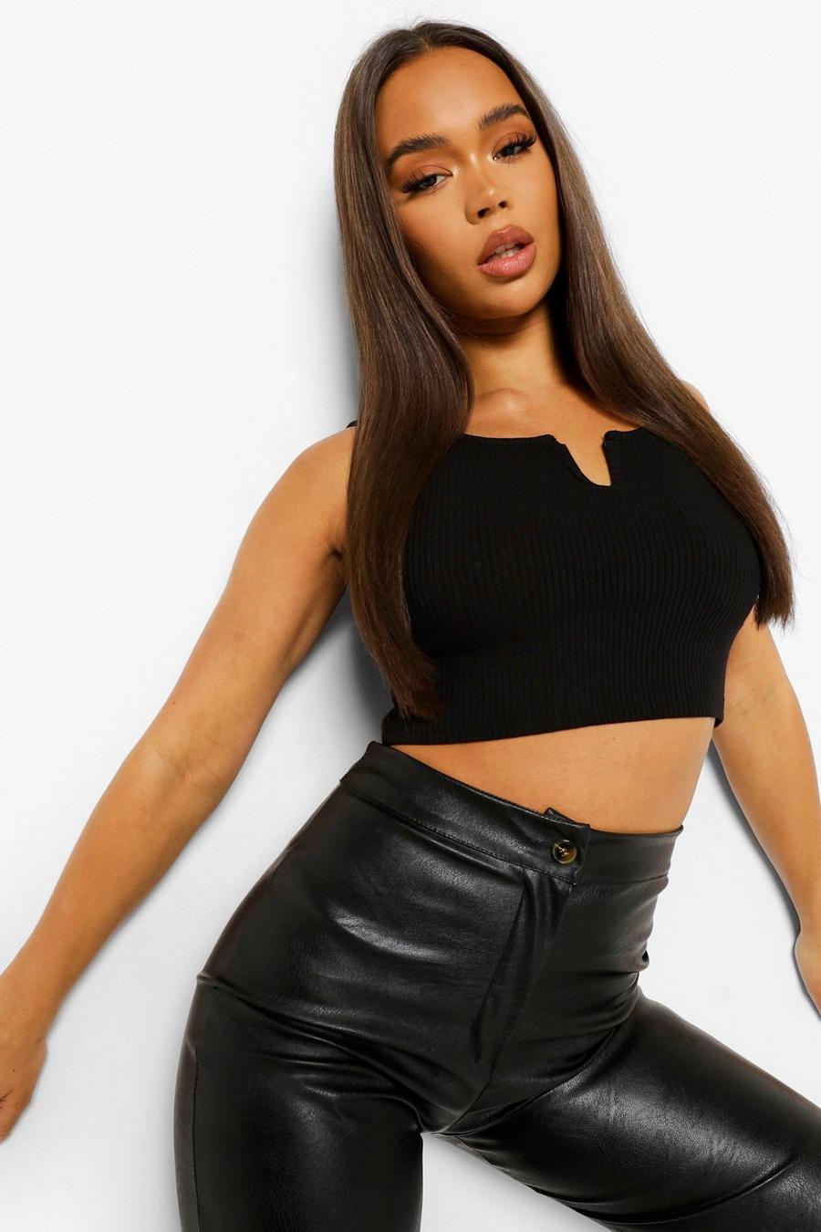Black Ribbed Notch Cut Out Crop Top image number 1
