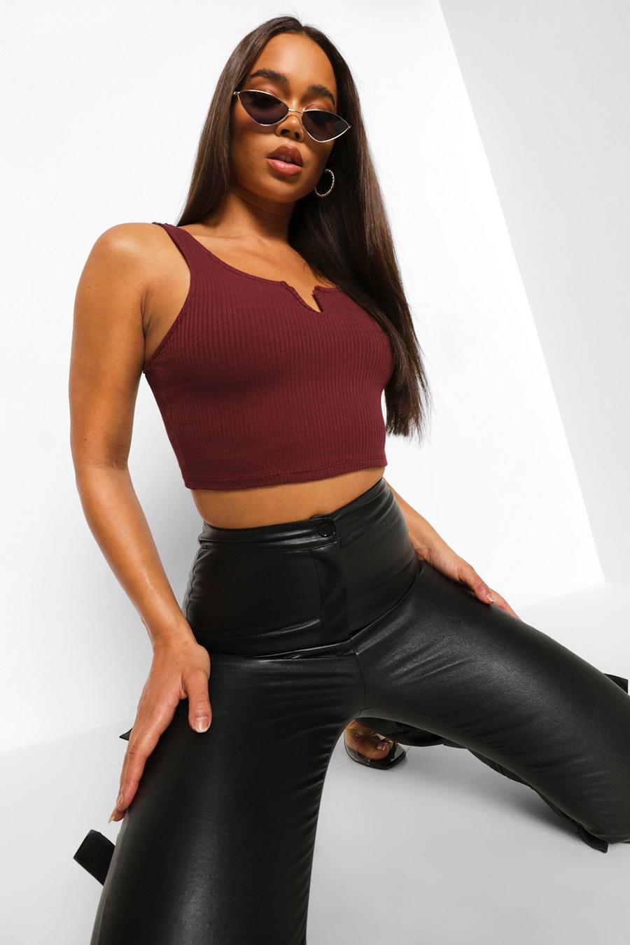 Chocolate Ribbed Notch Cut Out Crop Top image number 1