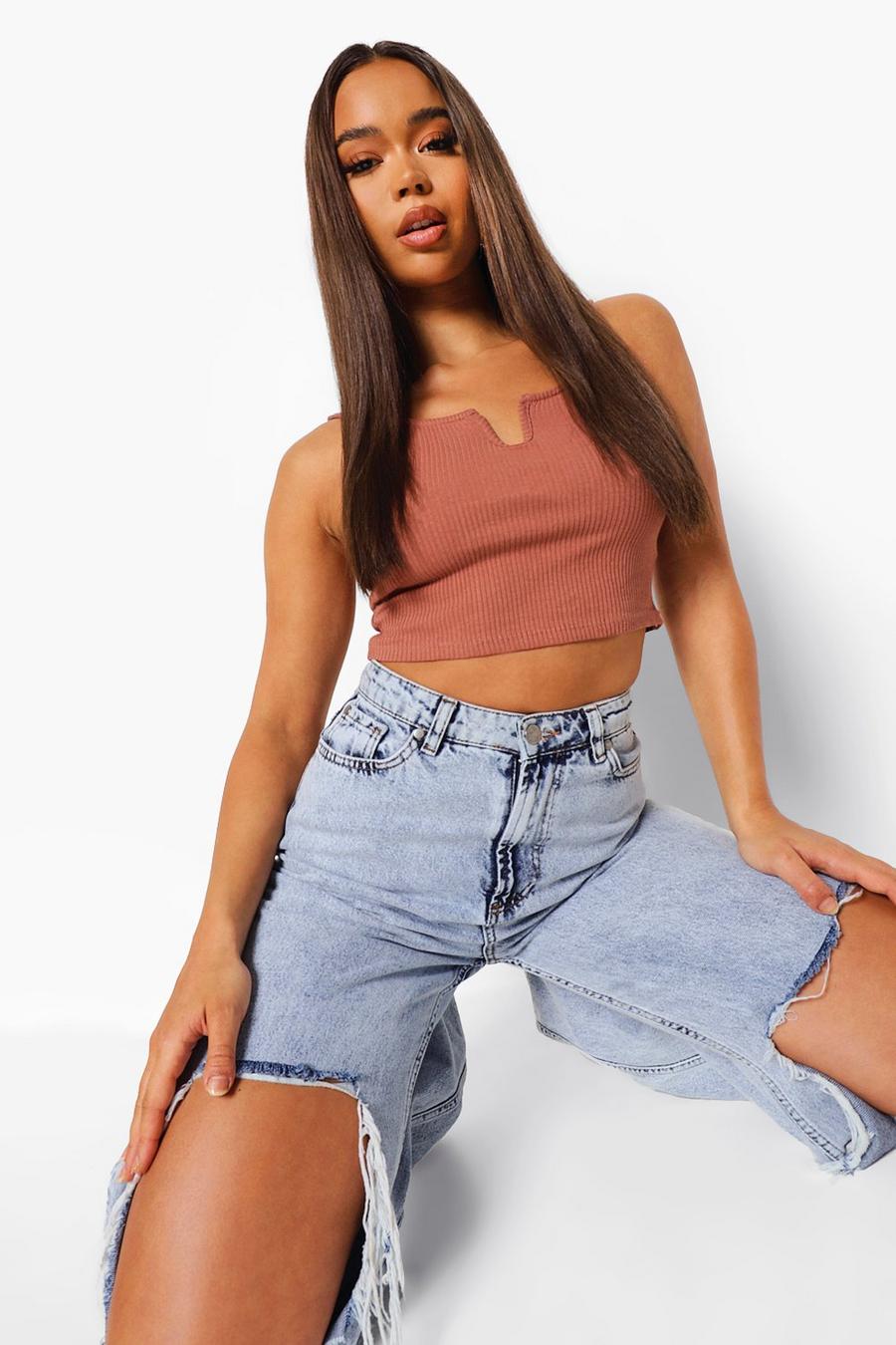 Taupe Ribbed Notch Cut Out Crop Top image number 1
