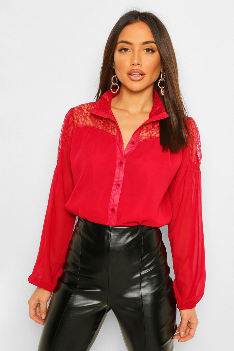 Berry Lace Insert High Neck Blouse image number 1