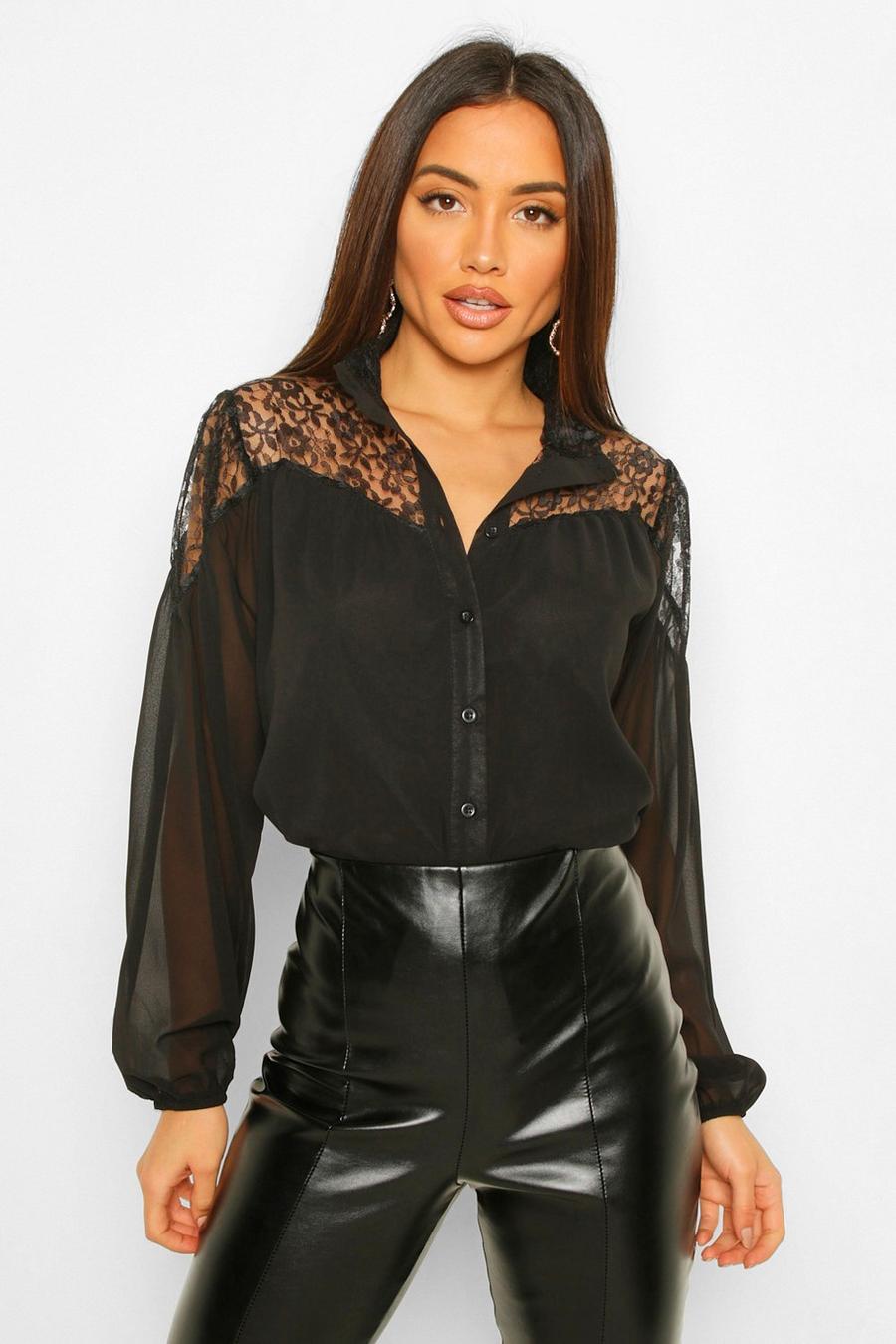 Black Lace Insert High Neck Blouse image number 1