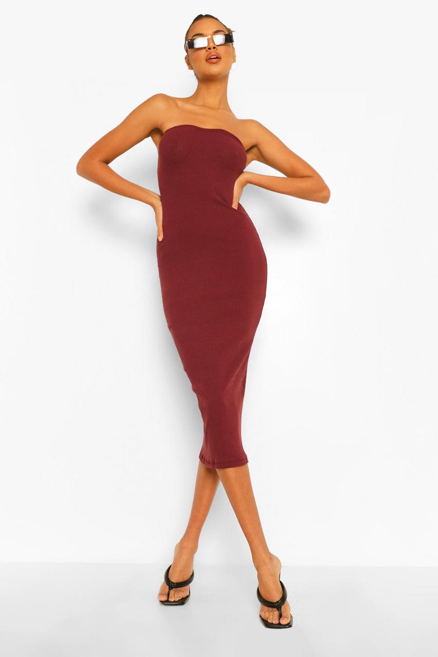 Geripptes, trägerloses Midaxi Kleid mit Herzausschnitt, Schokoladenbraun image number 1