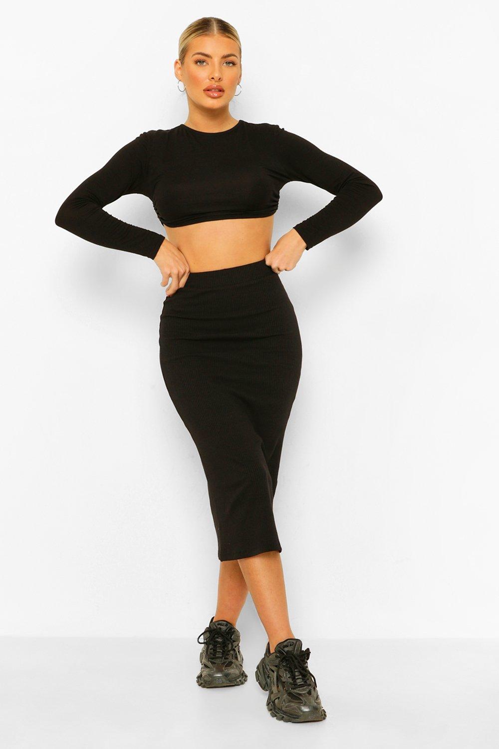 High-Waist Ribbed Midi Skirt