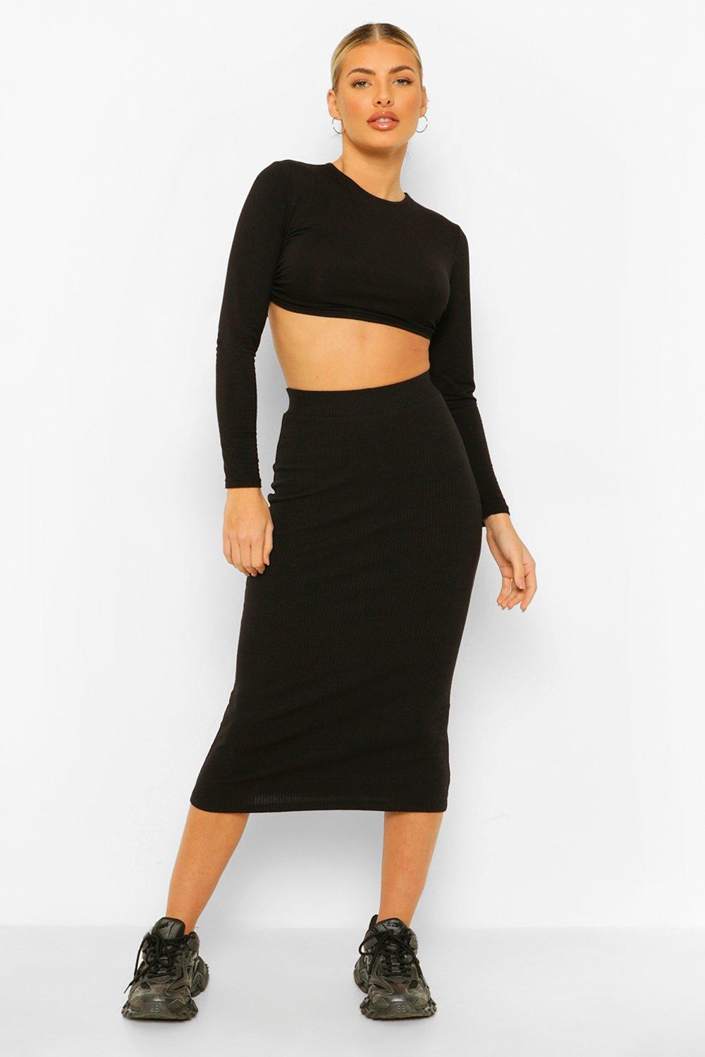 High-Waist Ribbed Midi Skirt