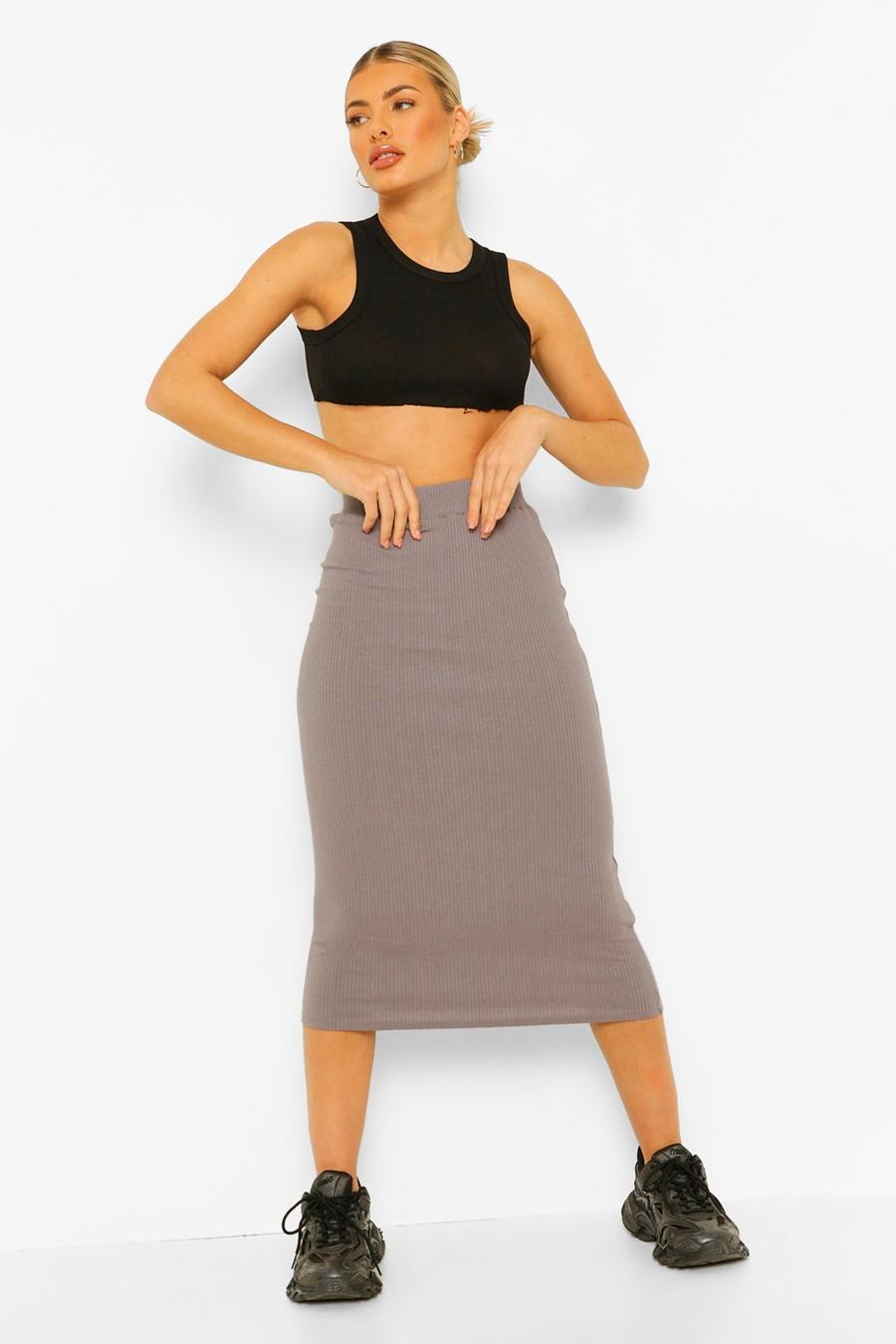 Dusty blue Ribbed High Waisted Midi Skirt image number 1