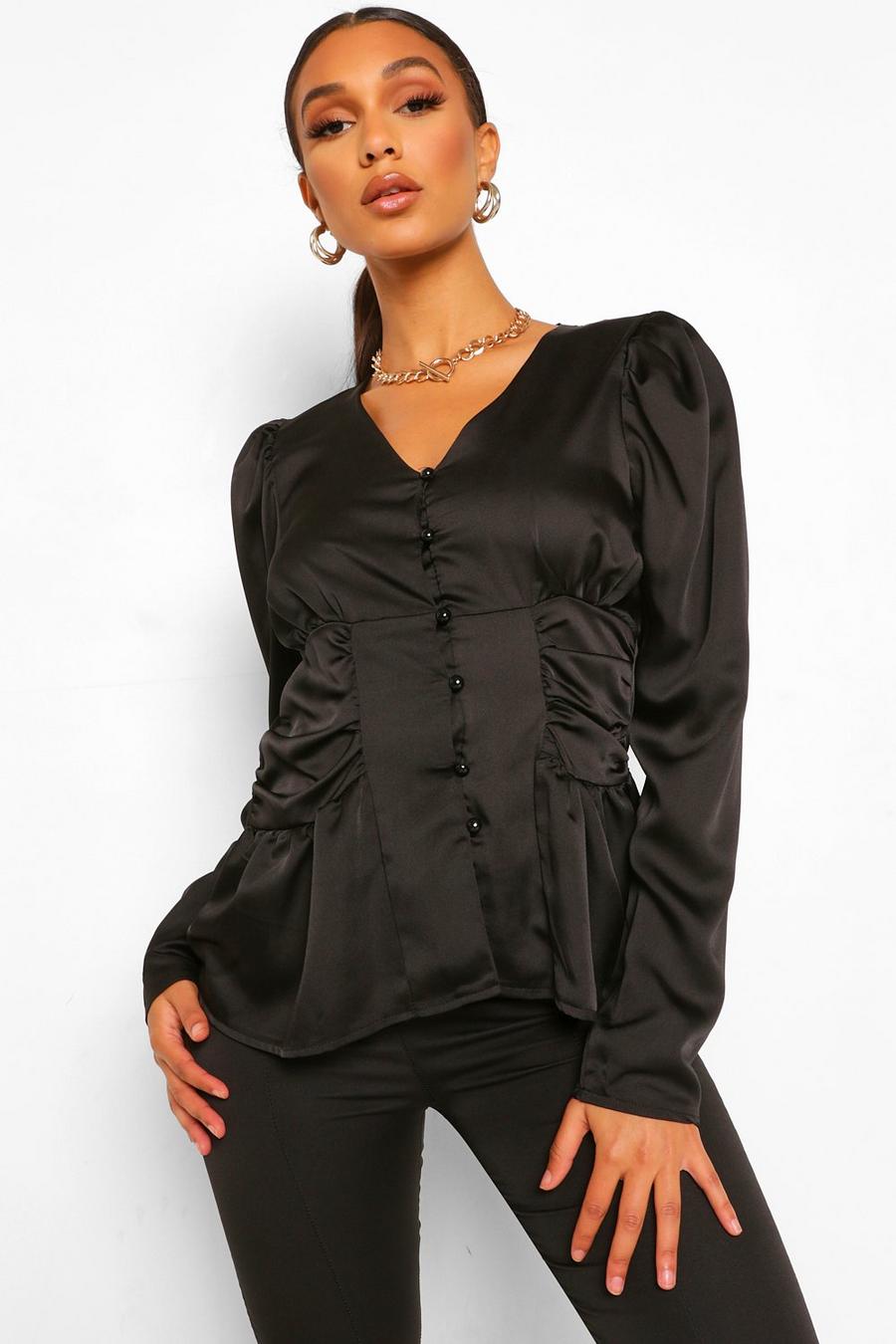 Ruched Side Button Front Satin Blouse image number 1