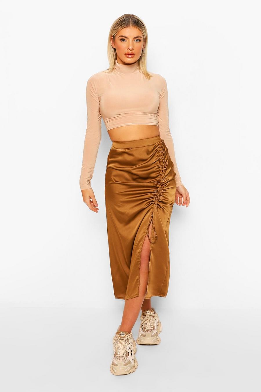 Caramel Ruched Front Satin Midi Skirt image number 1