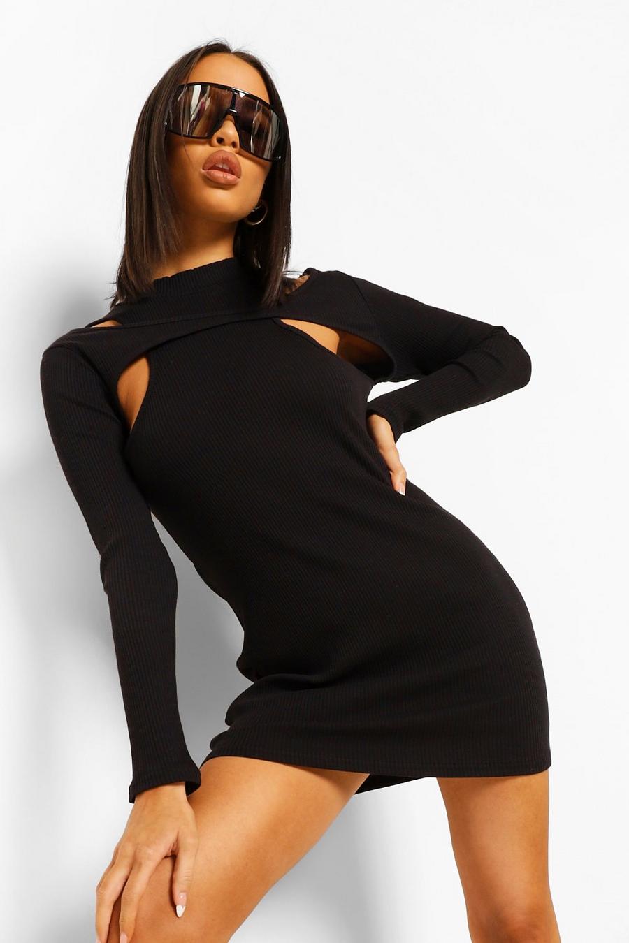 Geripptes, hochgeschlossenes Mini-Kleid mit Cut-Out, Schwarz image number 1