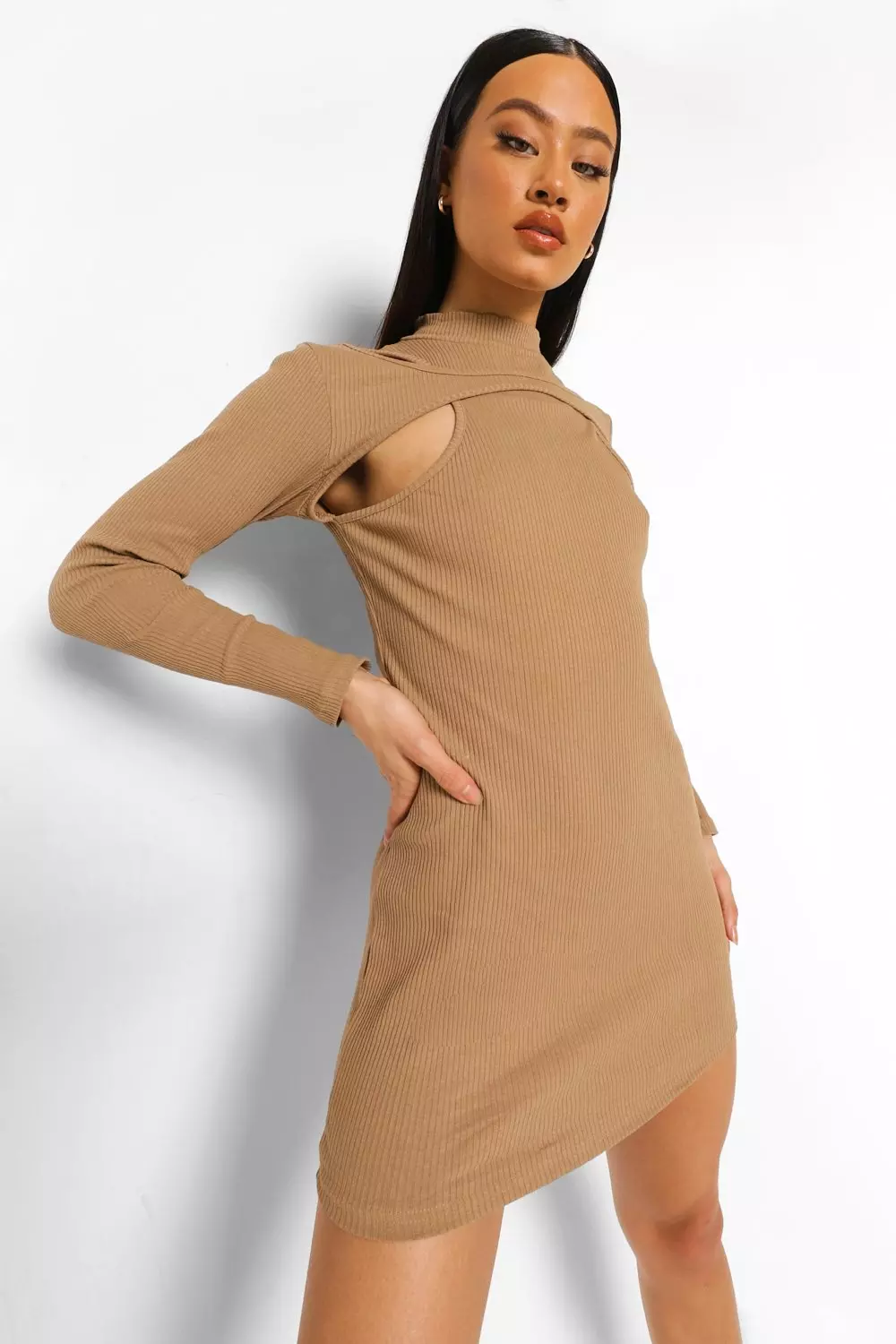 Geripptes Hochgeschlossenes Mini Kleid Mit Cut Out Boohoo