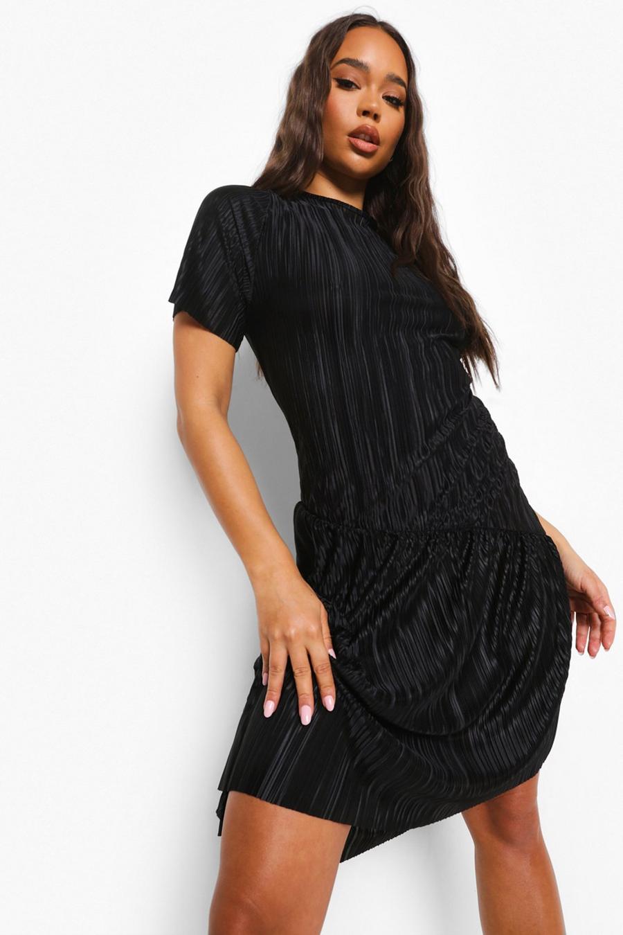 Black Plisse Asymmetric Hem Midaxi Dress image number 1