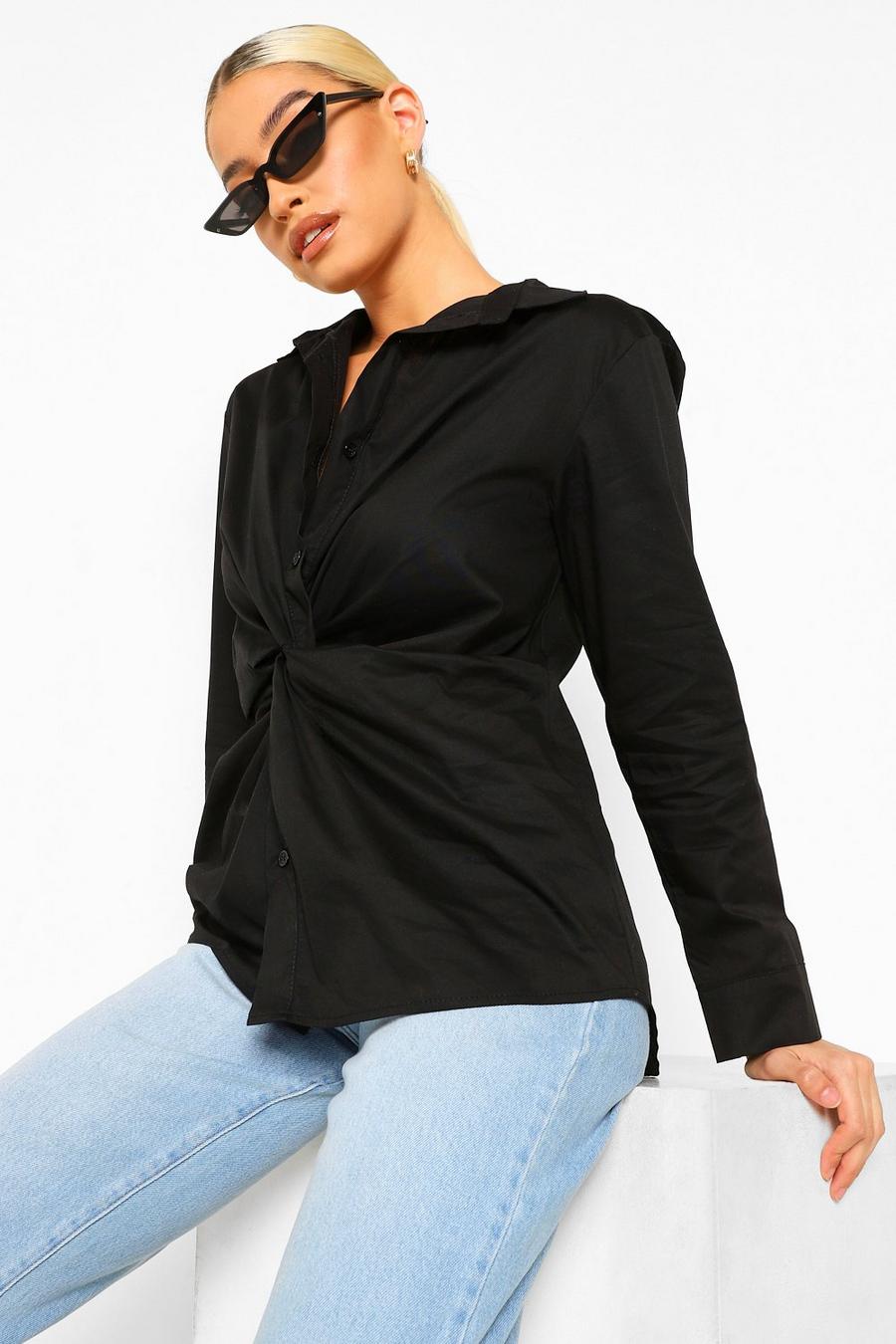 Bluse aus Baumwolle mit Zierknoten vorne, Schwarz image number 1