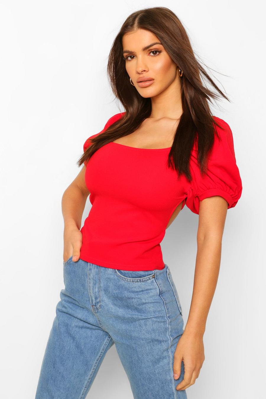 Red Crepe Puff Sleeve Open Back Top image number 1