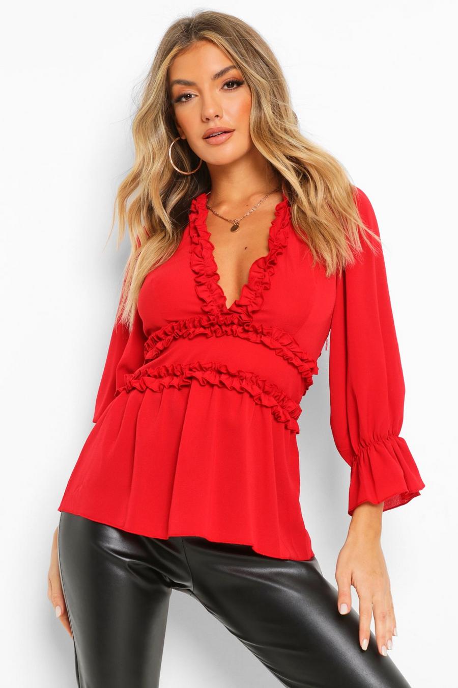 Red Woven Ruffle Peplum Top image number 1