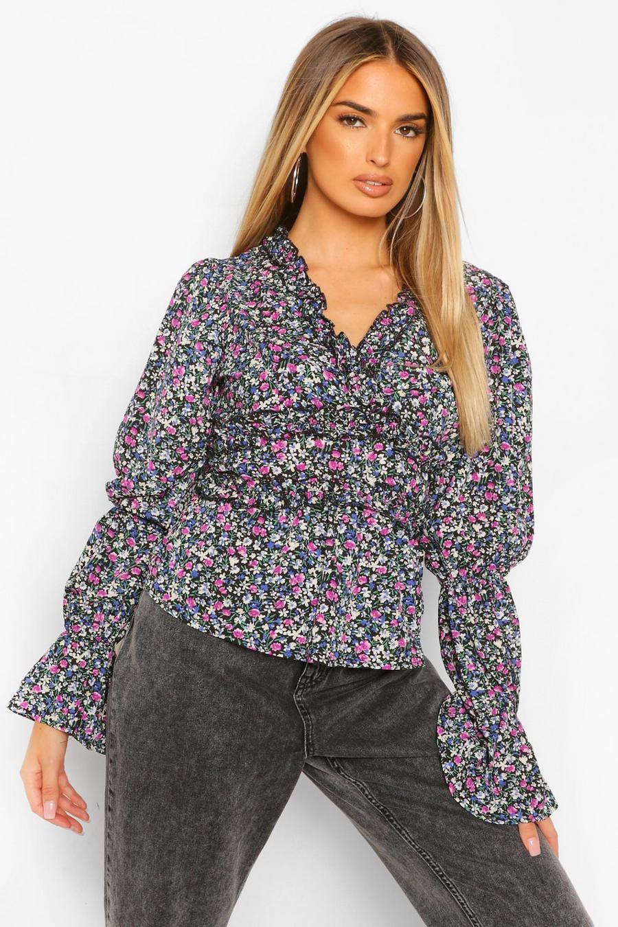 Purple Woven Floral Puff Sleeve Blouse image number 1