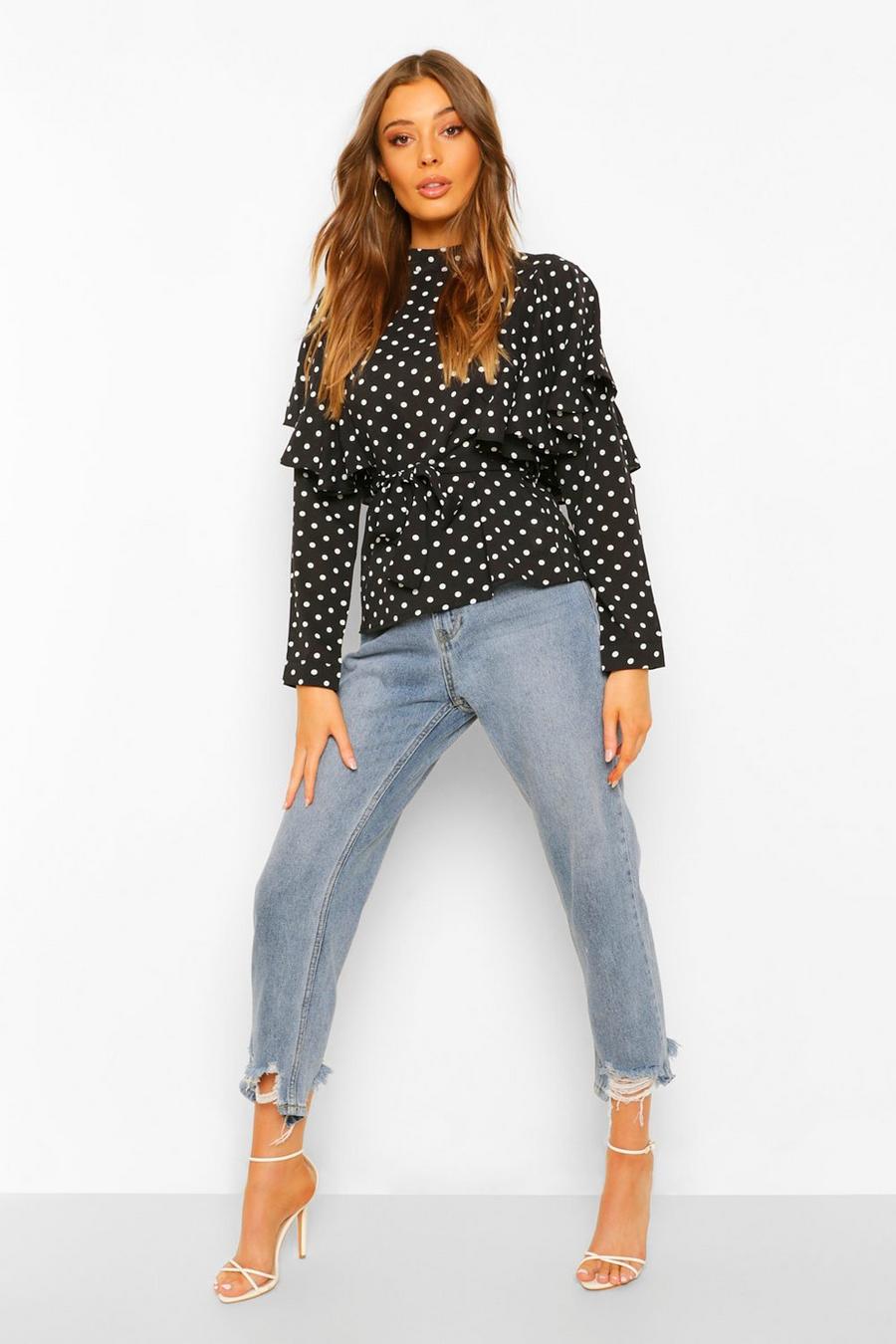 Black Woven Polka Dot Ruffle Belted Top image number 1