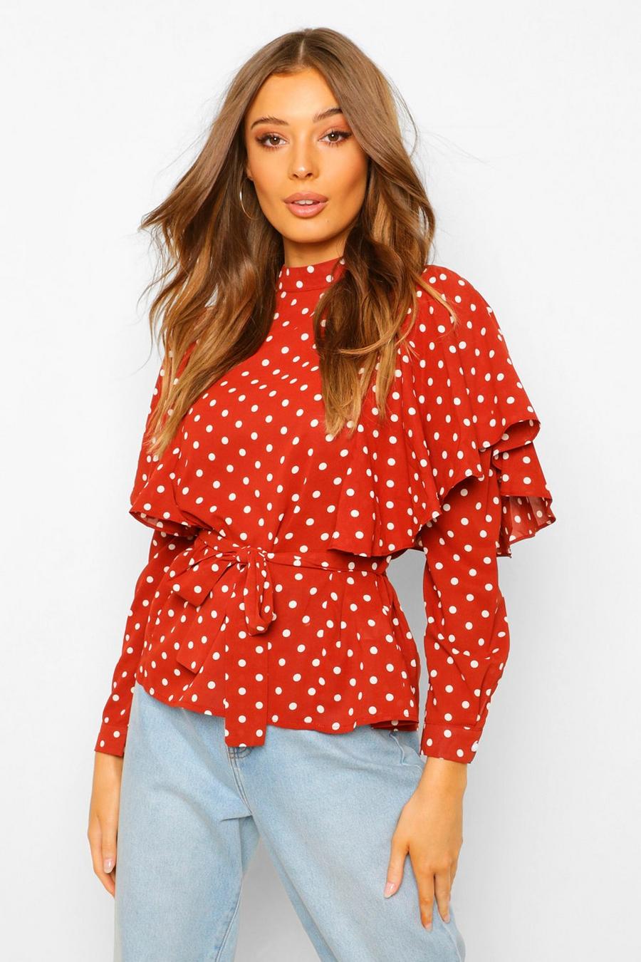 Terracotta Woven Polka Dot Ruffle Belted Top image number 1
