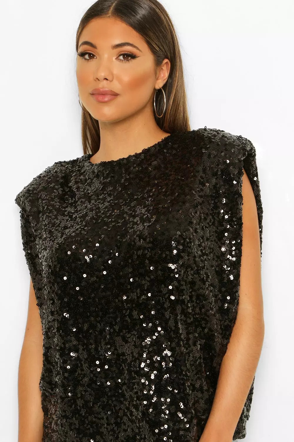 Cropped Shoulder Padded Sequin Top