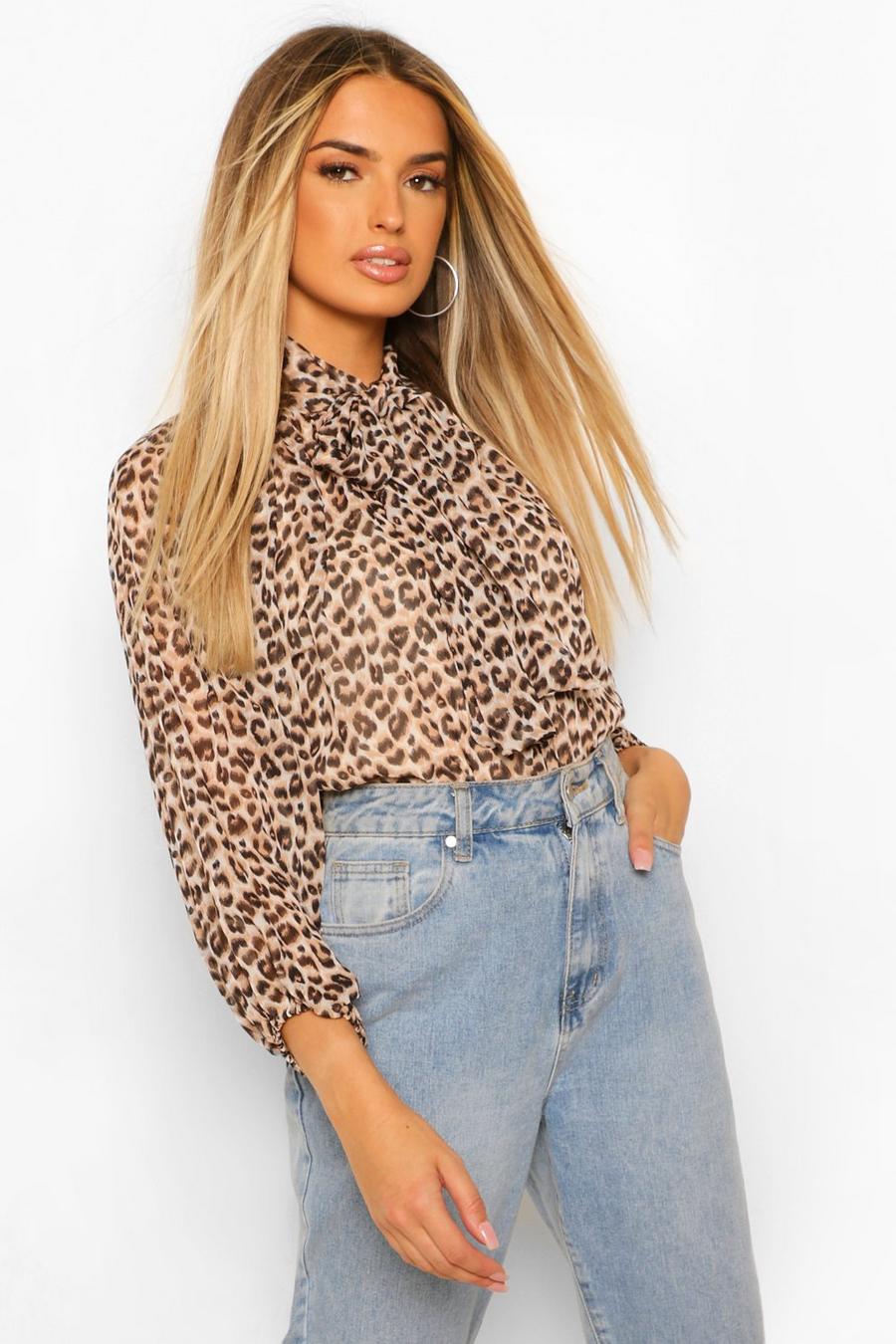 Nude Leopard Pussy Bow Peplum Blouse image number 1