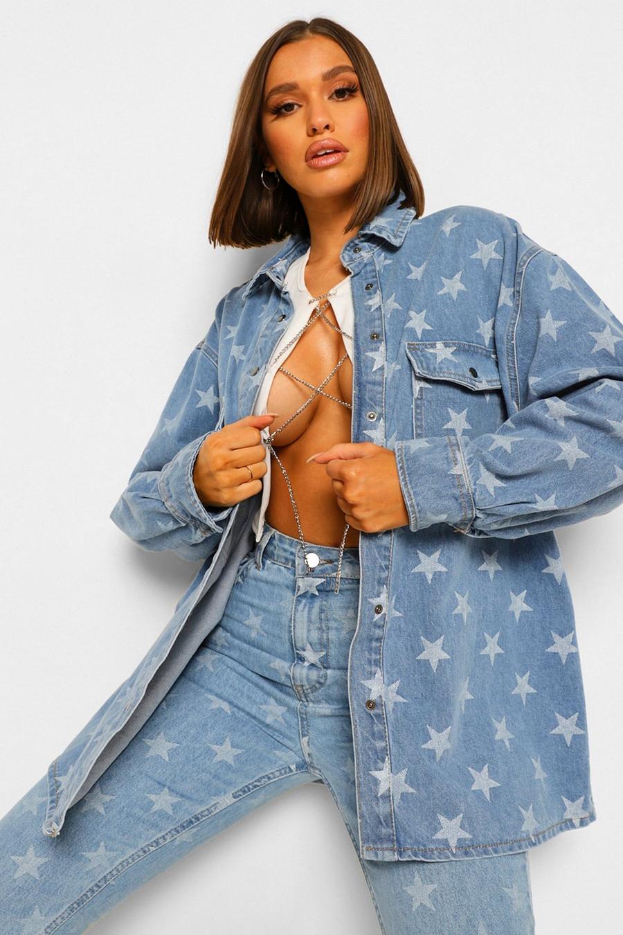 Blue Star Print Relaxed Denim Shacket image number 1