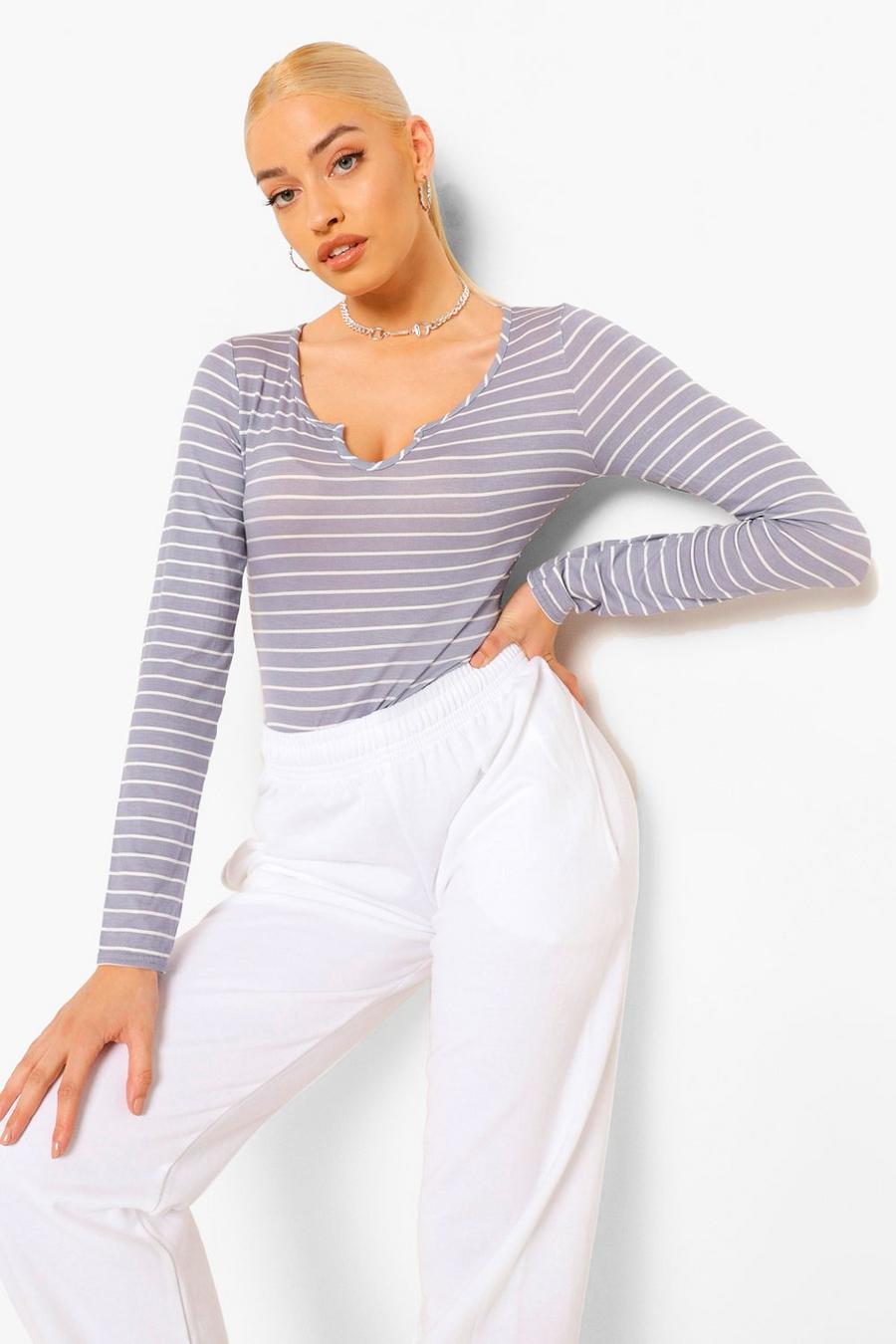 Grey Notch Front Stripe Long Sleeve Top image number 1