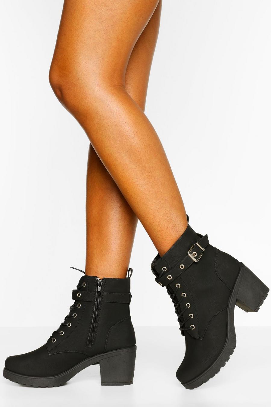 Black nero Buckle Lace Up Chunky Hiker Boots image number 1