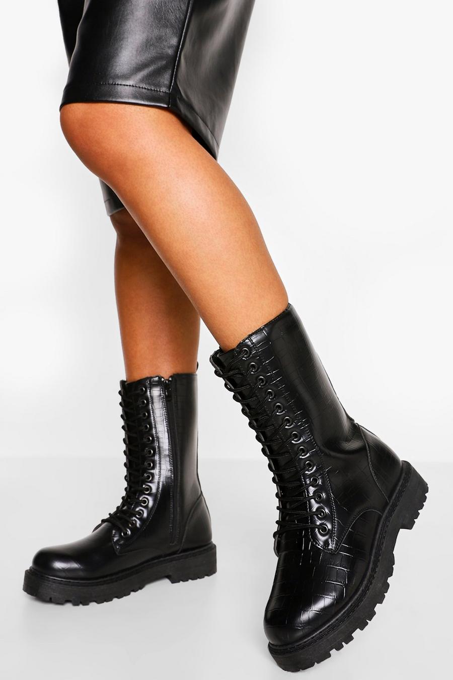 Black Wide Width Croc Calf High Chunky Combat Boots image number 1