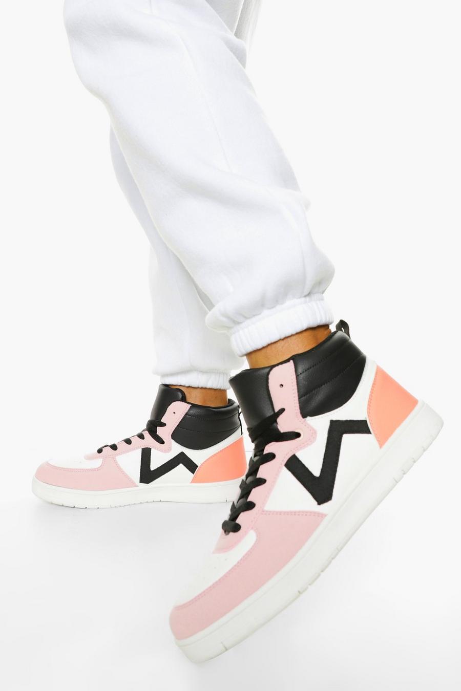 Pink Colourblock High Top Lace Up Sneakers image number 1