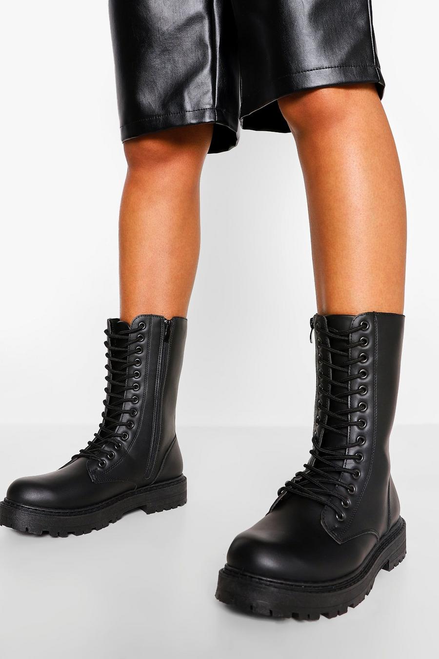 Black Wide Width Calf High Chunky Combat Boots image number 1