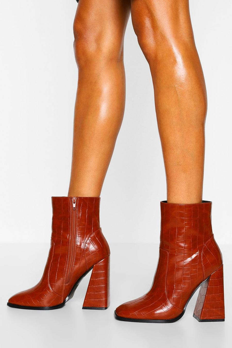 Brown Croc Square Toe Flare Heel Shoe Boots image number 1