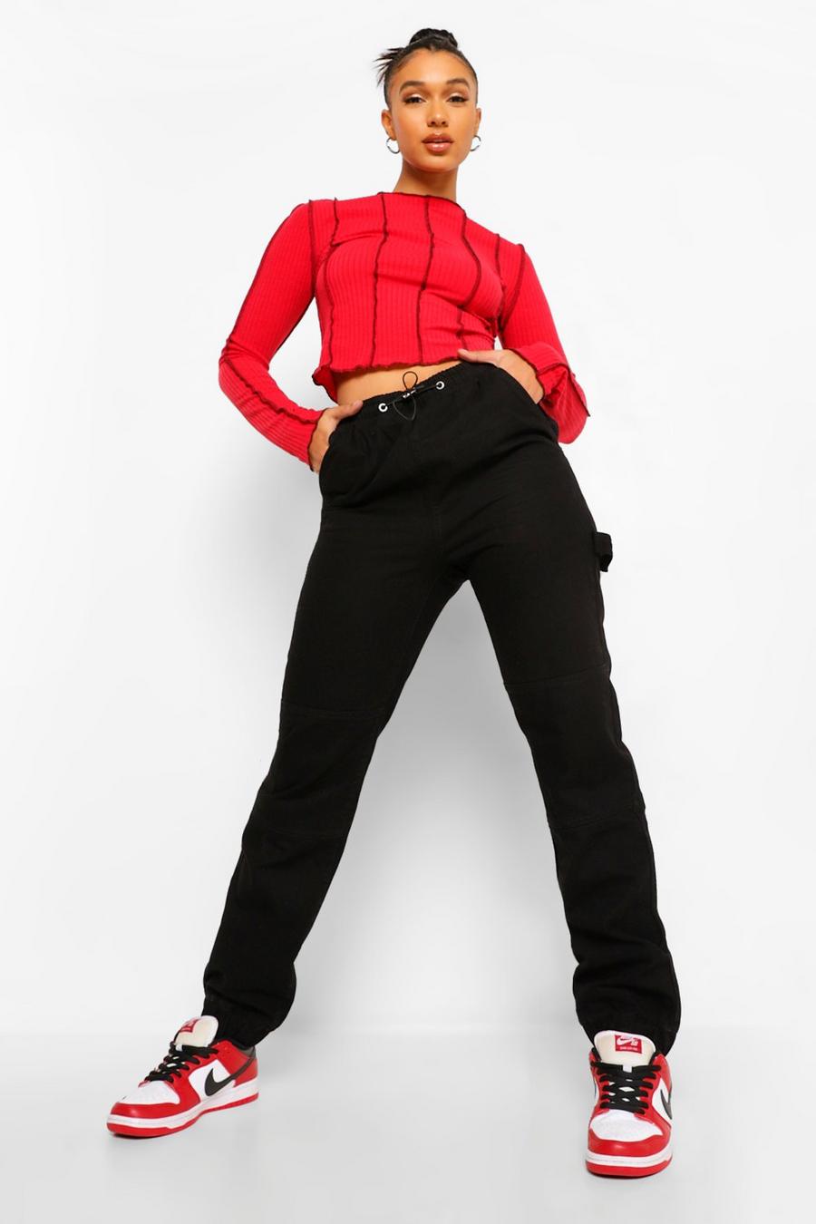שחור דהוי מכנסי ריצה מבד ג'ינס עם חפתים ועיטור תפרים  image number 1