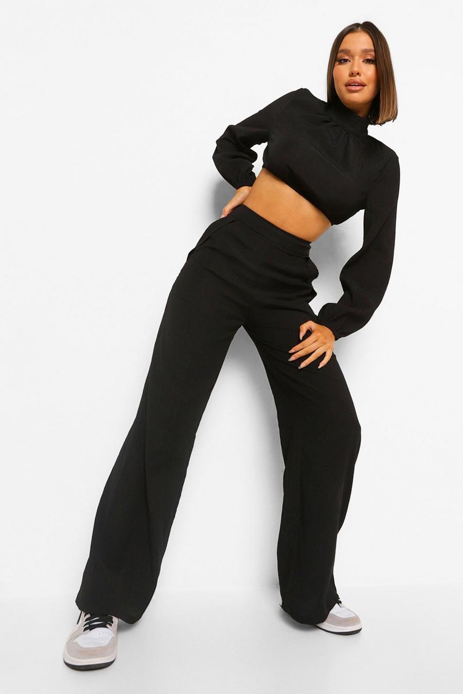 Black High Waisted Textured Wide Leg Trousers image number 1