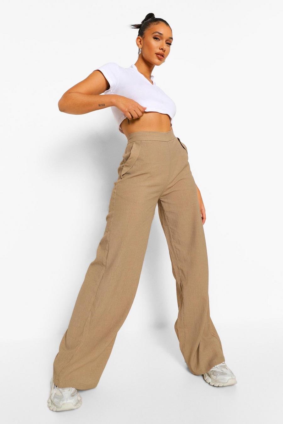 Mocha High Waisted Textured Wide Leg Trousers image number 1