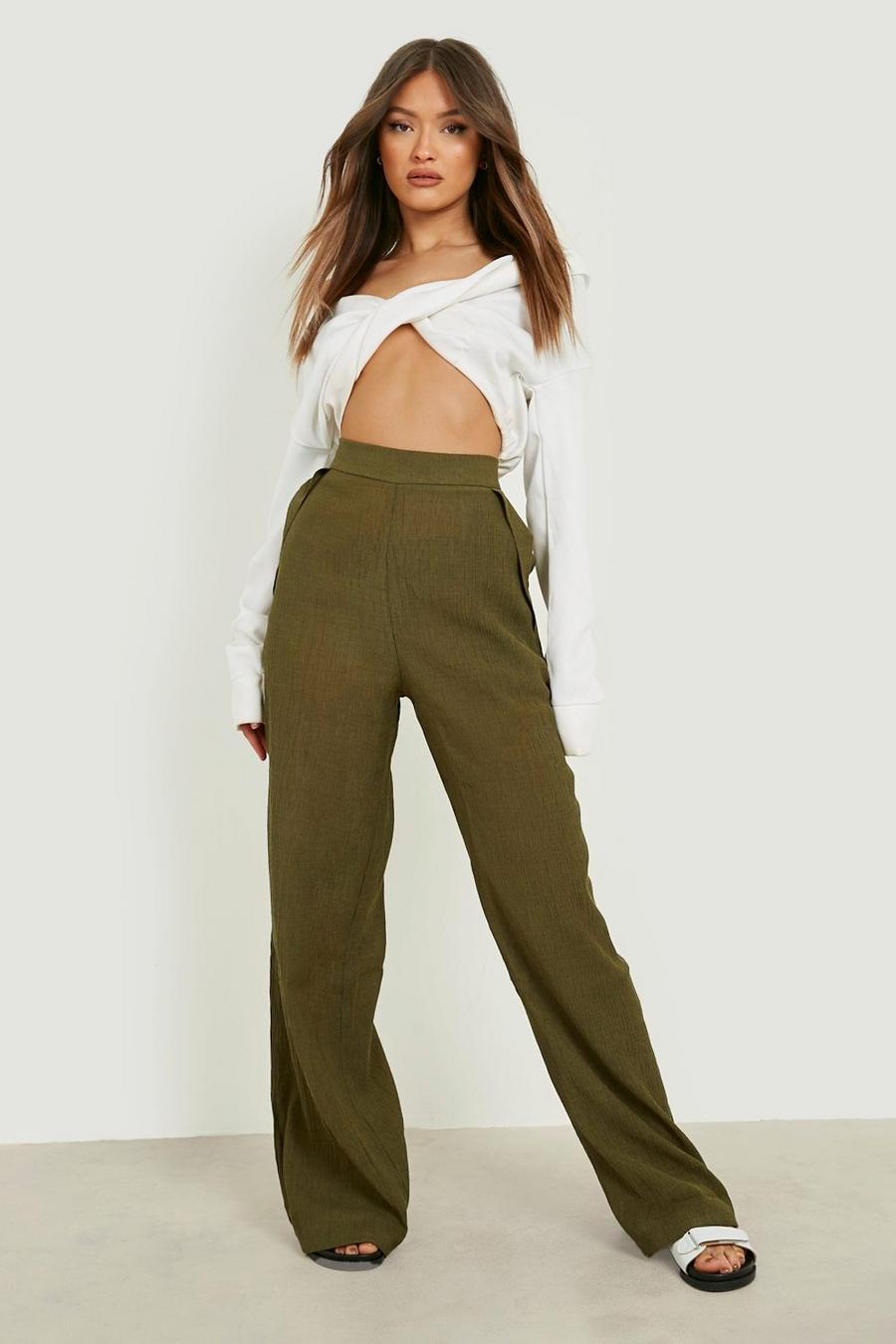 Olive High Waisted Textured Wide Leg Trousers image number 1