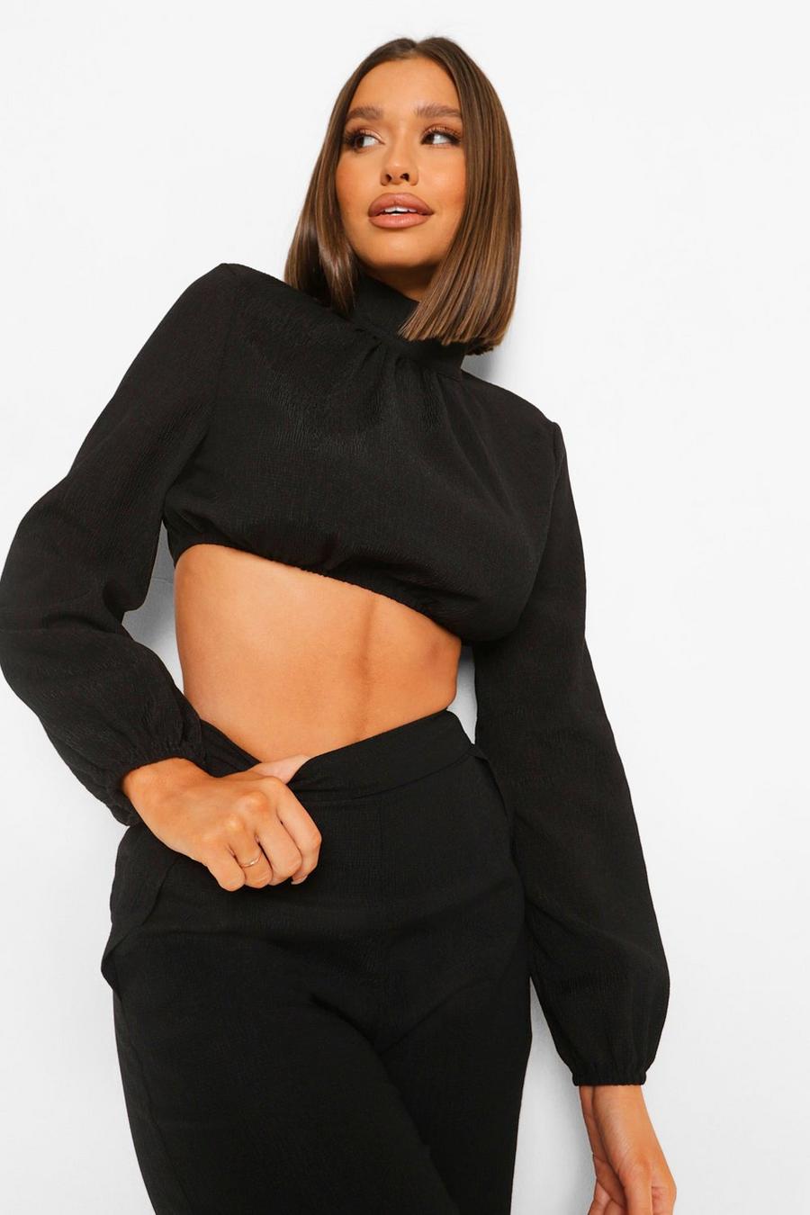 Black Textured High Neck Balloon Sleeve Top image number 1