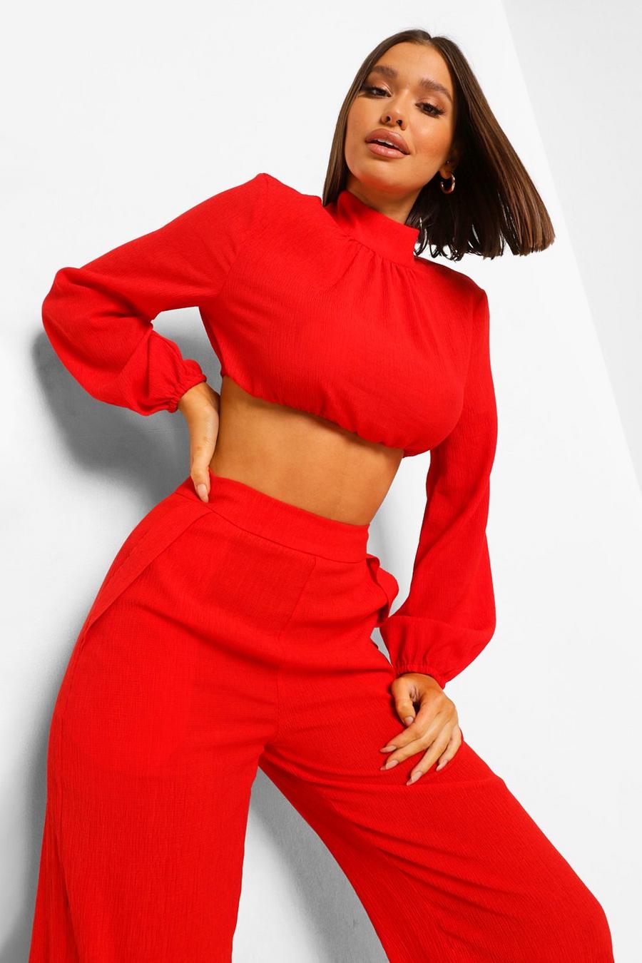 Red Textured High Neck Balloon Sleeve Top image number 1