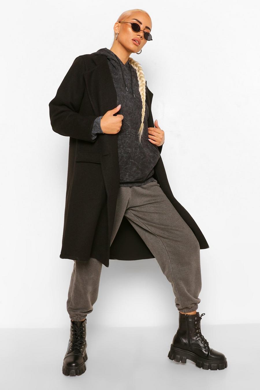 Mantel in Wolloptik mit Kragen und Tasche , Schwarz image number 1