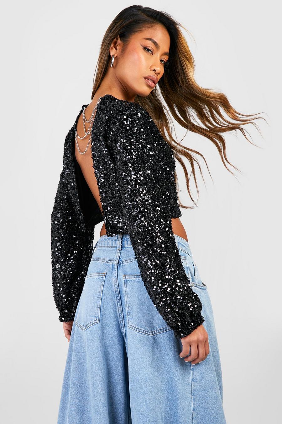 Black Sequin Chain Back Detail Long Sleeve Top