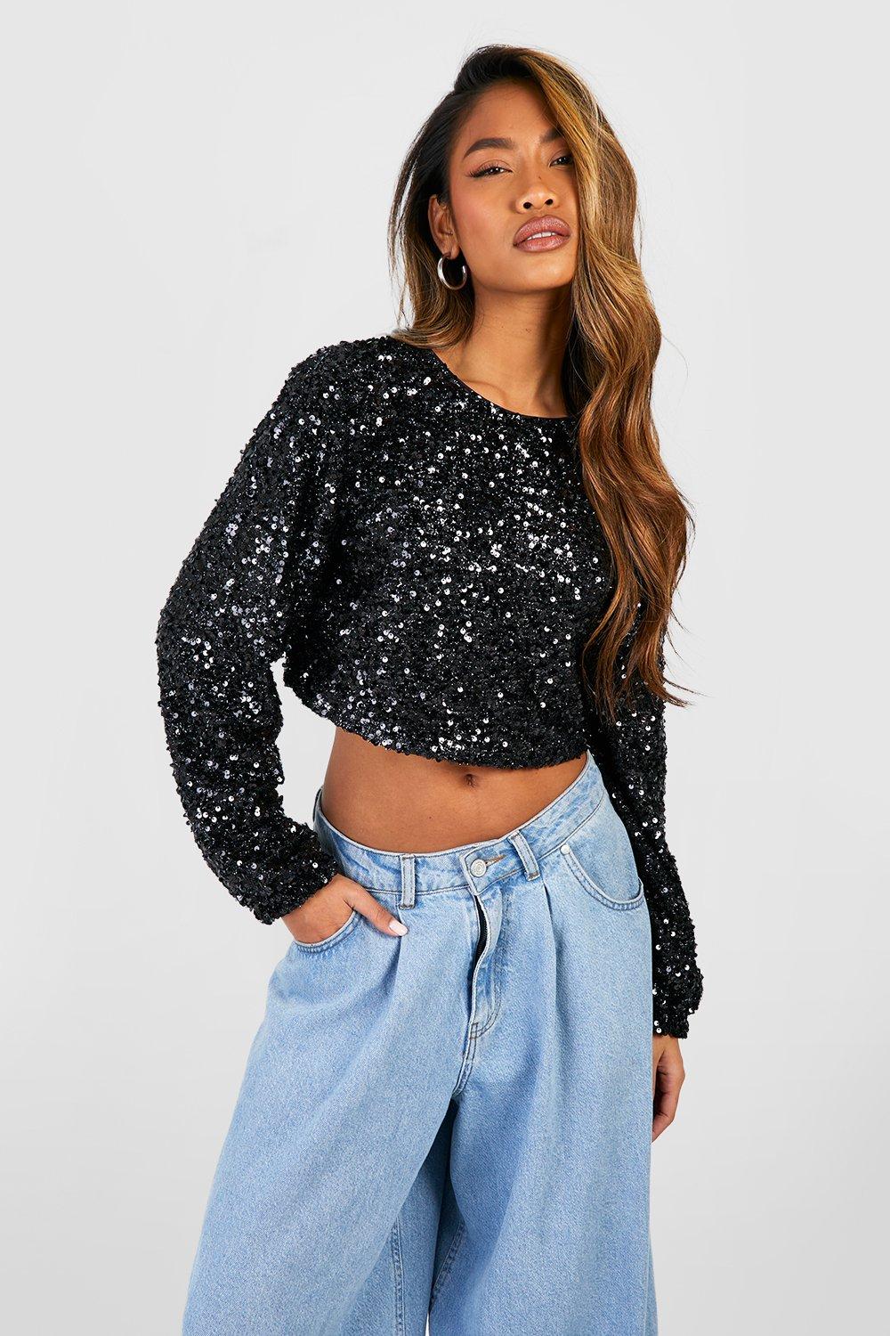 Black Sequin Short Sleeve Backless Crop Top