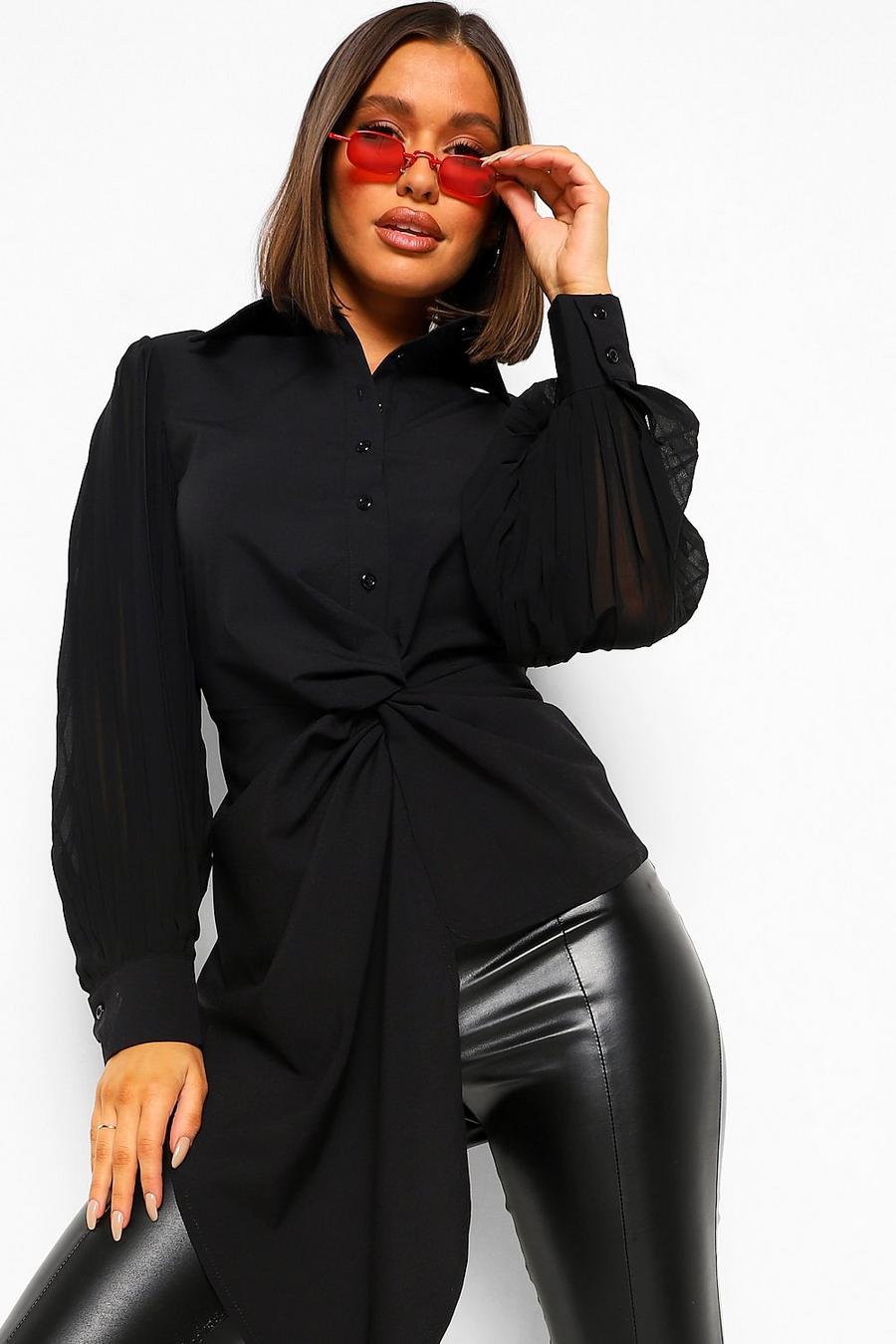 Black Woven Pleated Twist Front Shirt image number 1