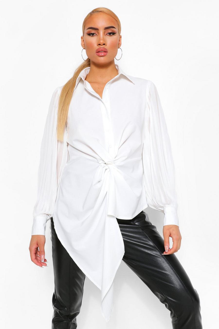 White Woven Pleated Twist Front Shirt image number 1