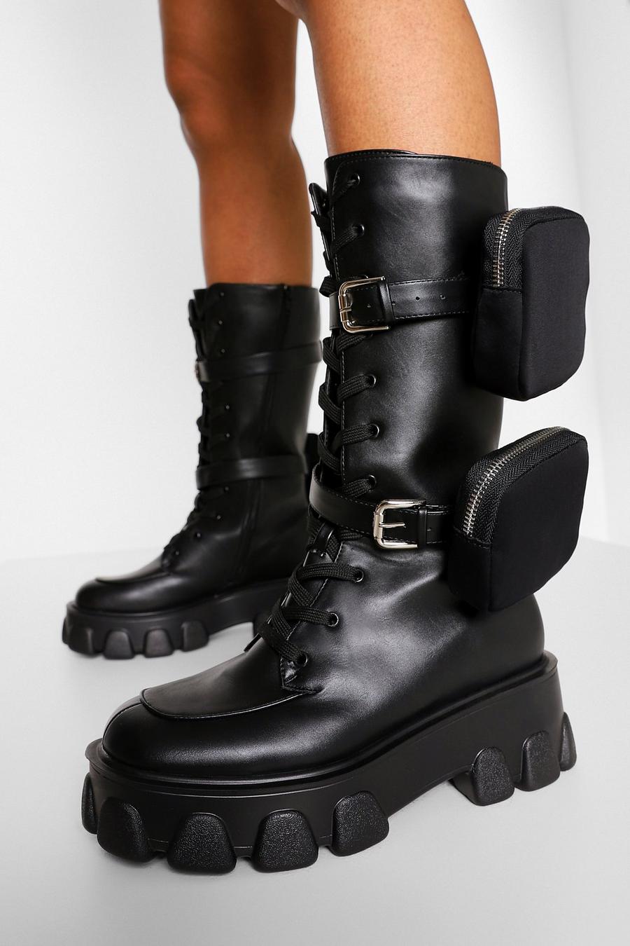 Black Double Pouch Calf Lace Up Combat Boots image number 1