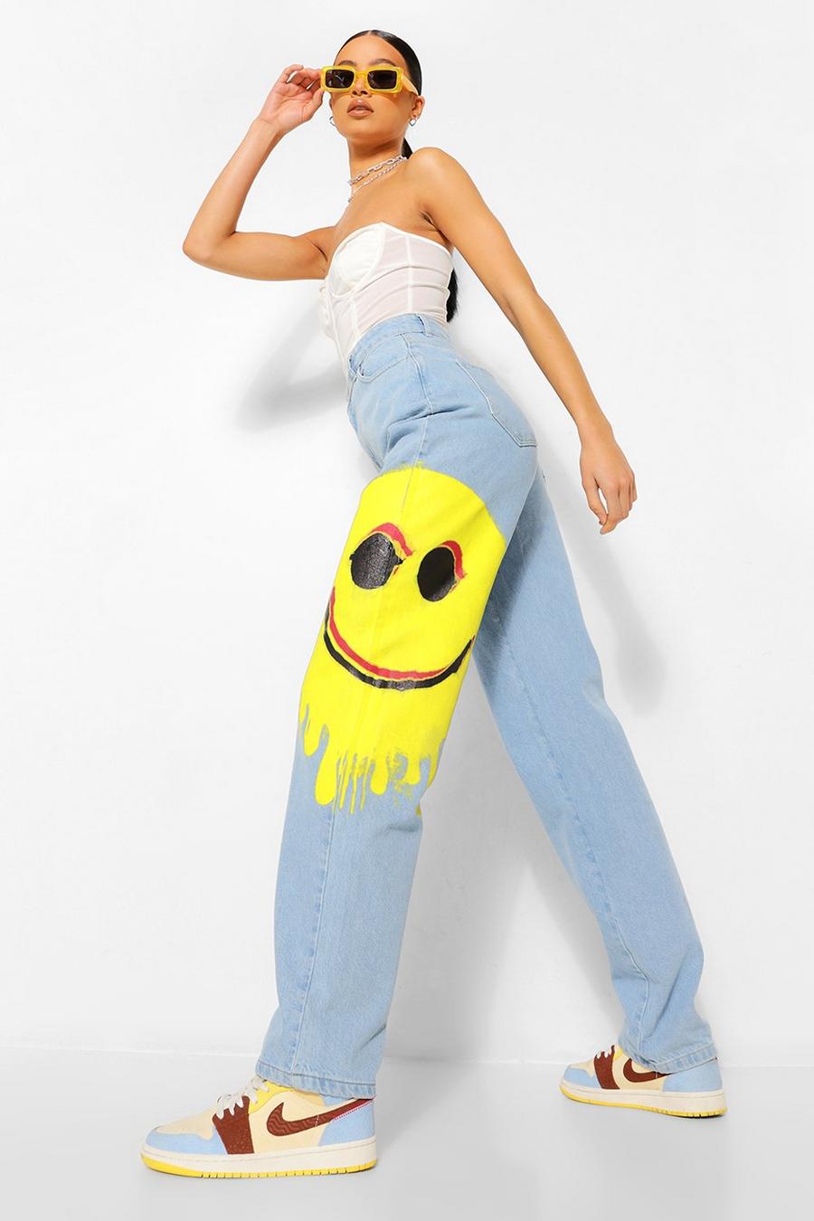 Smiley Print Baggy Boyfriend Jeans image number 1