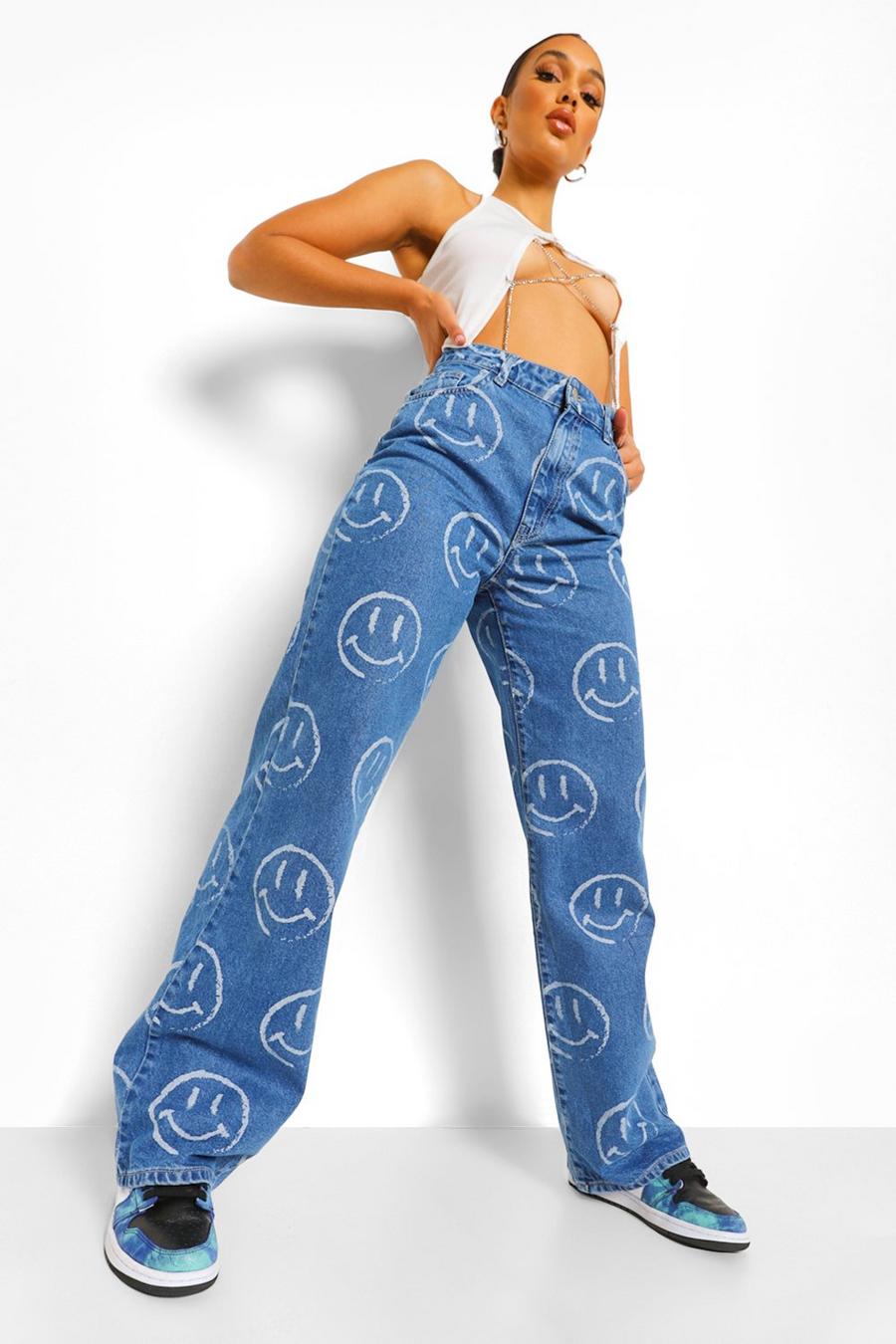 Jeans Boyfriend stampati, Blu medio image number 1