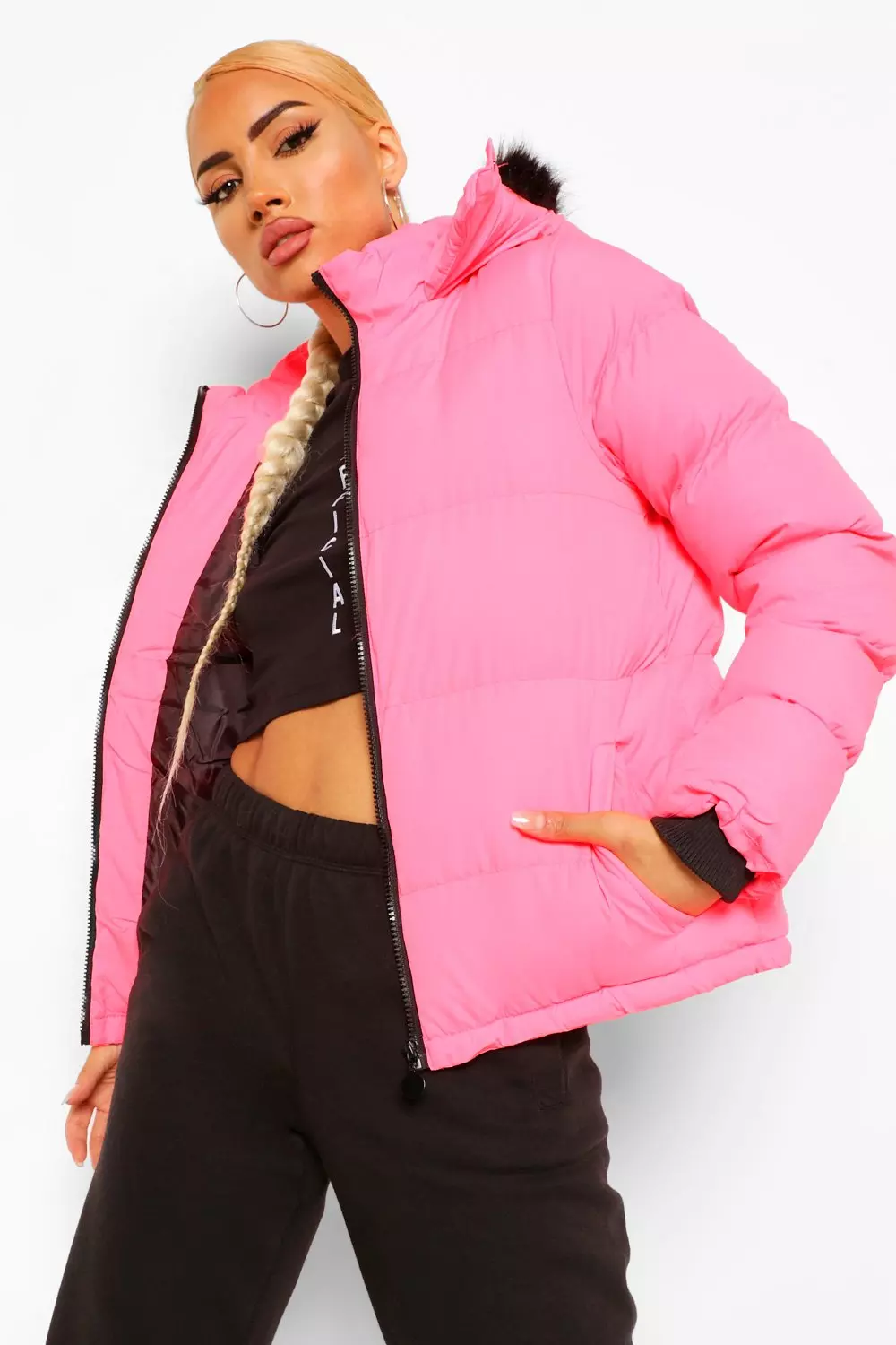 Pink puffer jacket outlet with faux fur trim