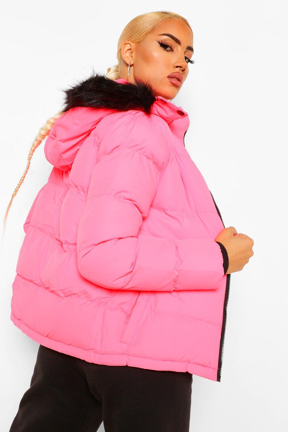 Pink puffer jacket with faux fur trim sale