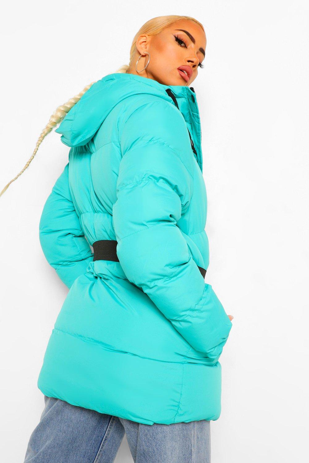 Hooded puffer cheap coat with belt