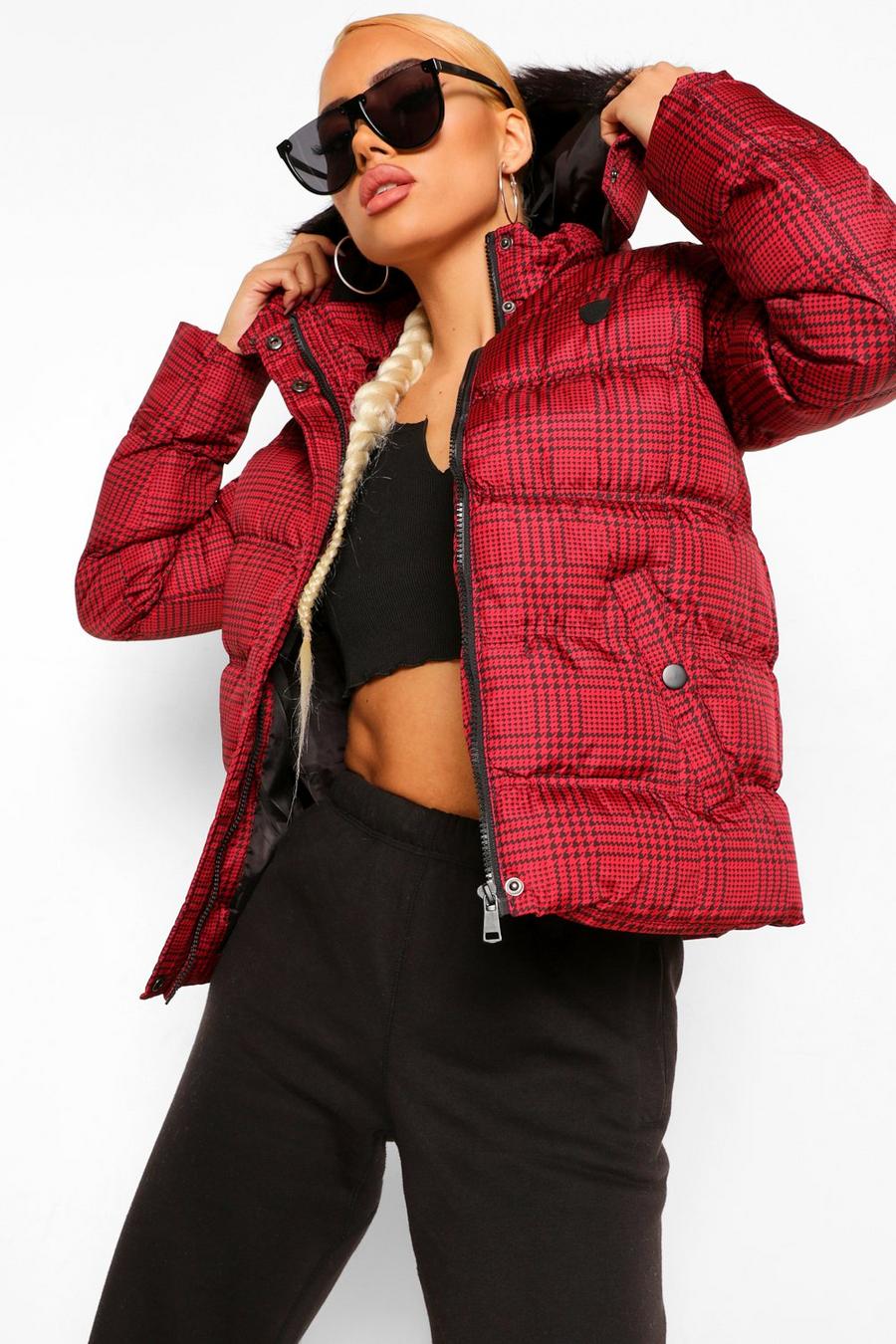Check Faux Fur Trim Puffer Jacket image number 1
